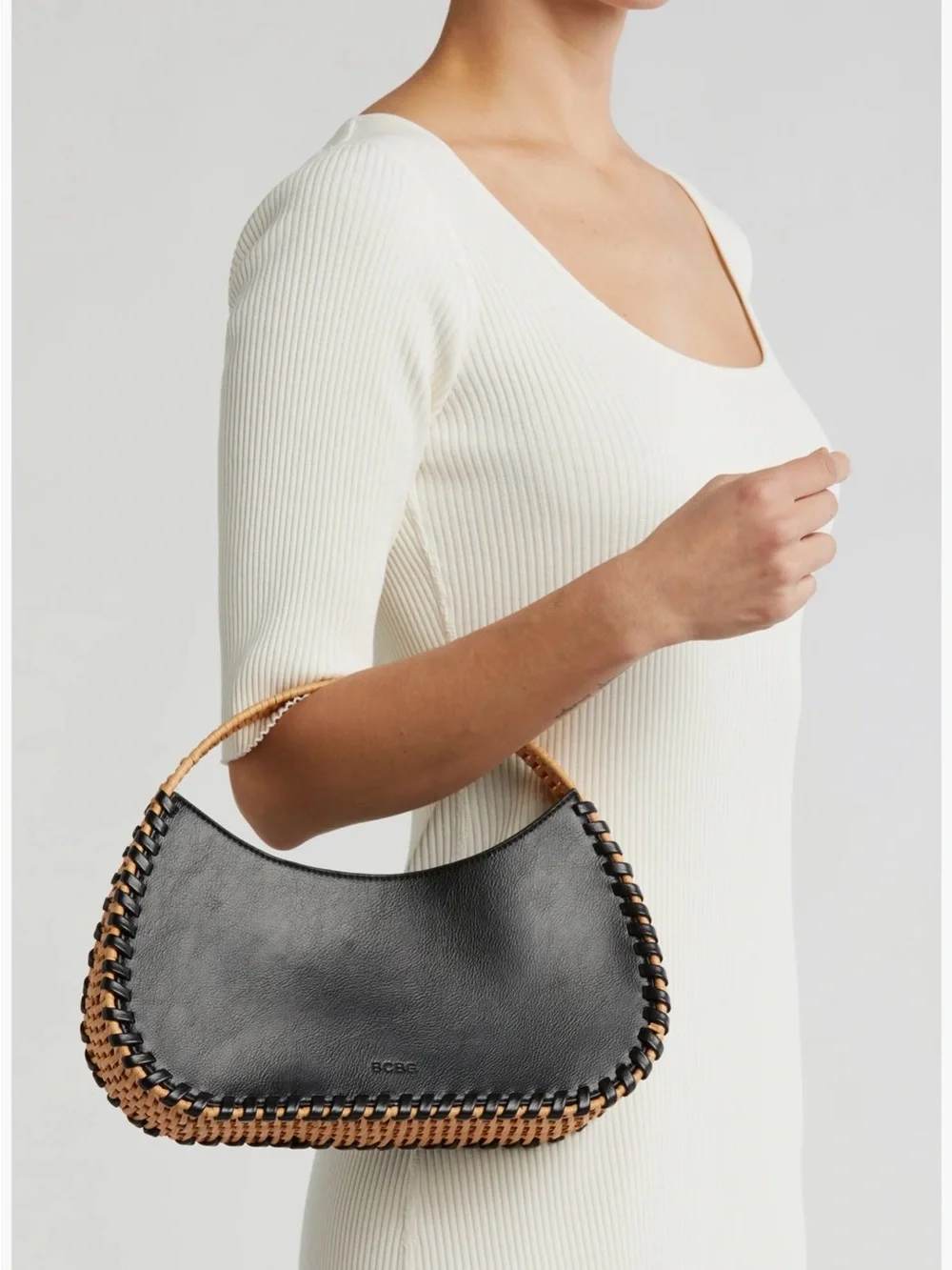BCBG Black Leather Hobo with Tan Whipstitch Handle